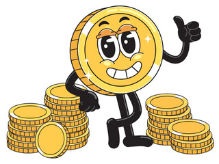 Naklejka premium Cartoon Character Coin with Stacked Coins