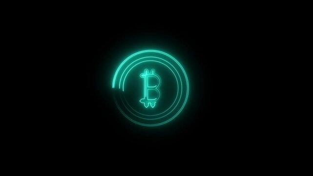 Bitcoin sign concept .  golden coin with shadow coin icon Animation with neon line  vector . Bitcoin Blockchain technology animation on black background .