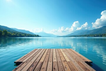 Elevated wooden platform by lake, vibrant blue sky, panorama, relaxation