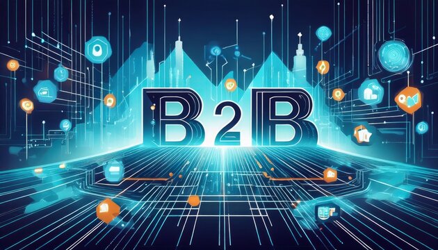 A futuristic representation of B2B commerce, featuring digital elements and networking symbols, emphasizing connectivity and innovation in business.