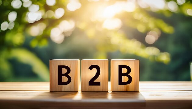 The image features wooden blocks displaying "B2B," symbolizing business-to-business relationships against a natural background.