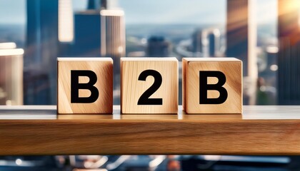 The image features wooden blocks displaying "B2B," set against a blurred city skyline, symbolizing business-to-business relations.