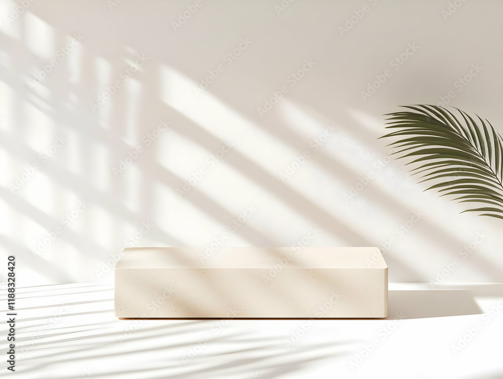 Poster empty rectangular podium on white surface with palm leaf and shadows