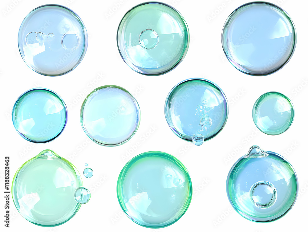 Poster set of transparent soap bubbles floating with reflections and smaller bubbles attached to them