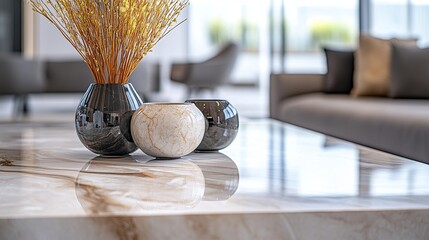A close-up of a contemporary neutral marble coffee table in a spacious living room, showing a product display space. 