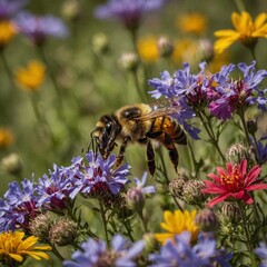 A vibrant bee surrounded by colorful wildflowers.