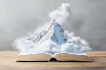 An open book rests on a wooden surface with a mountain emerging from its pages surrounded by clouds. A creative and imaginative concept of storytelling.