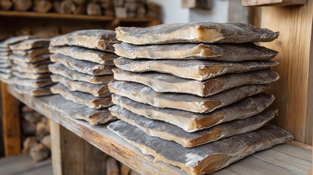 Preparation of Hakarl, traditional Icelandic dried shark meat displayed in a local food preservation setting
