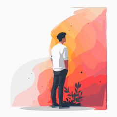 Back view of young man standing in profile and looking at abstract colorful background. Flat vector illustration.