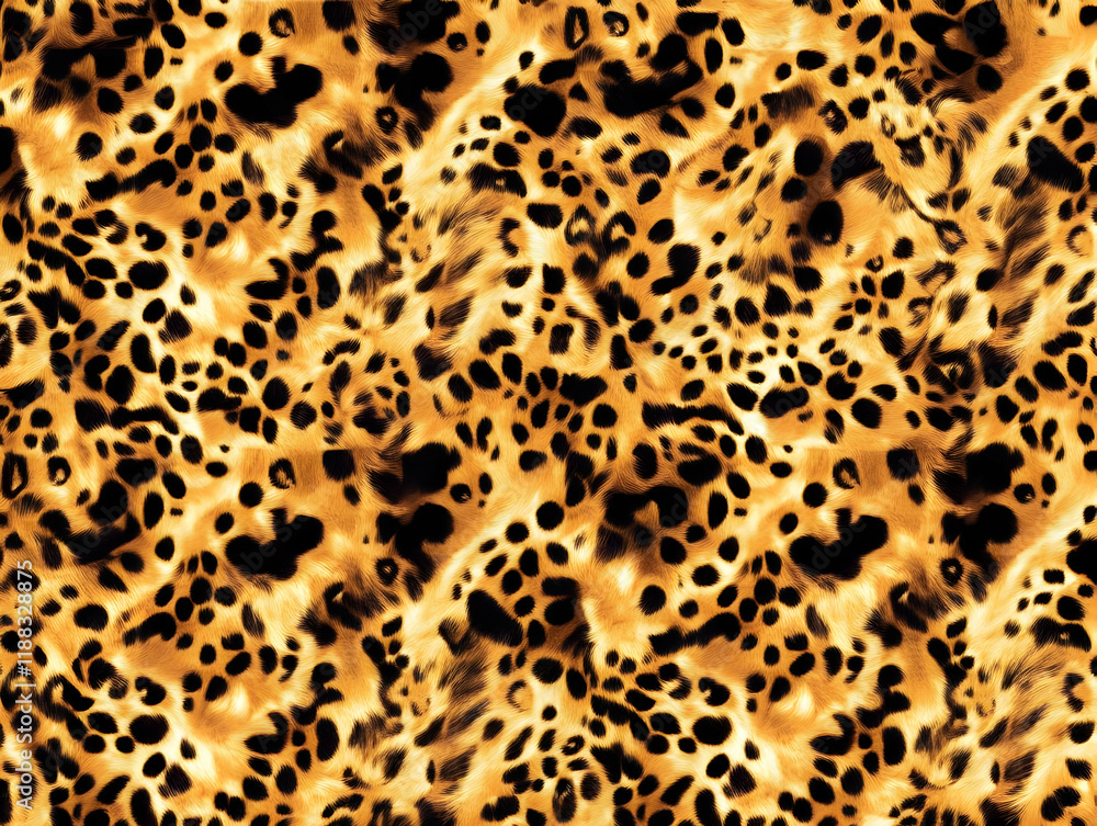 Poster realistic leopard print background displays fur texture with dark spots on golden background.