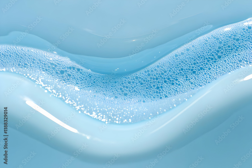 Poster light blue liquid with foam bubbles creates a smooth wave pattern gently
