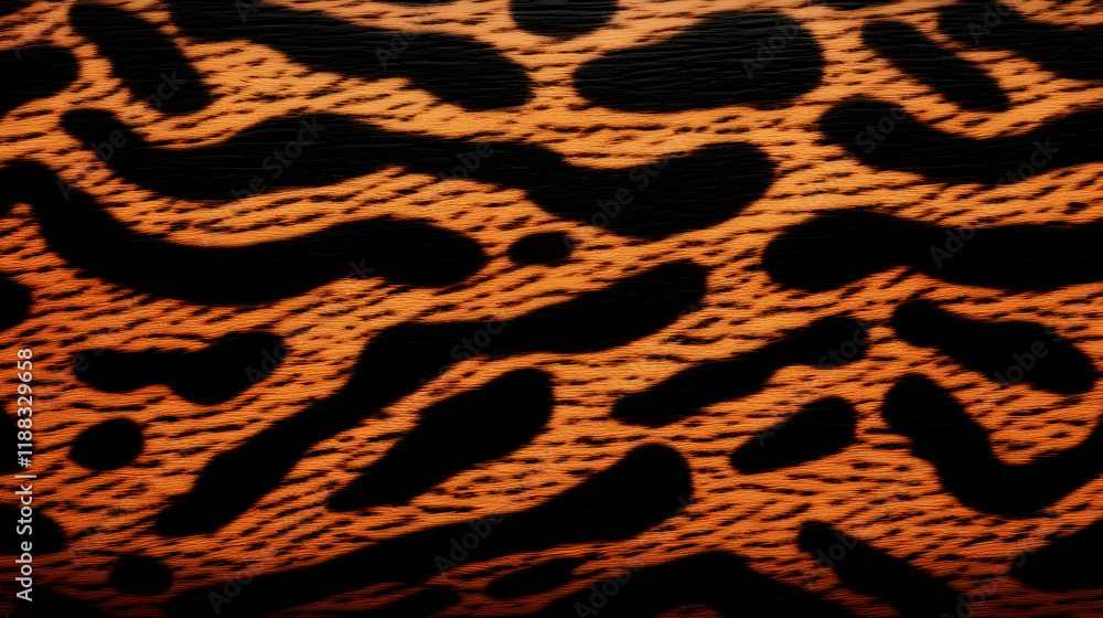 Poster close-up view of a textured animal print fabric shows intricate pattern details with vibrant orange 