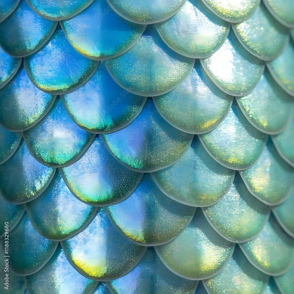 Aufkleber close-up of shimmering turquoise scales forms an iridescent and textured surface pattern.