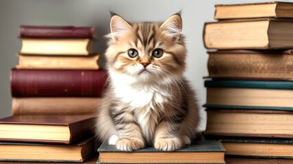 An adorable fluffy kitten sits beside a stack of books, exuding cuteness and charm in a cozy indoor setting.