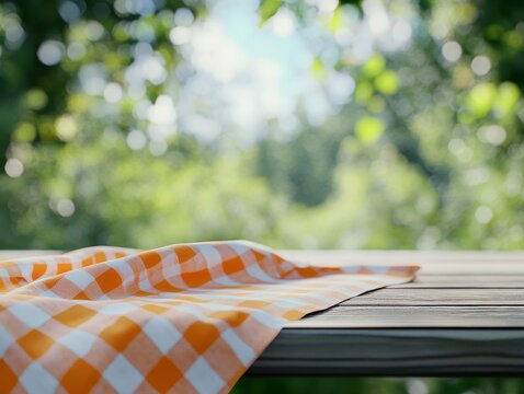 Orange checkered tablecloth on wooden table outdoors. (1)