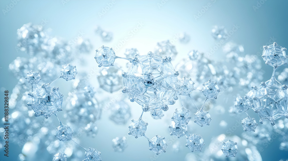 Poster abstract 3d render of crystalline structures connected, forming a complex network in a light blue ba