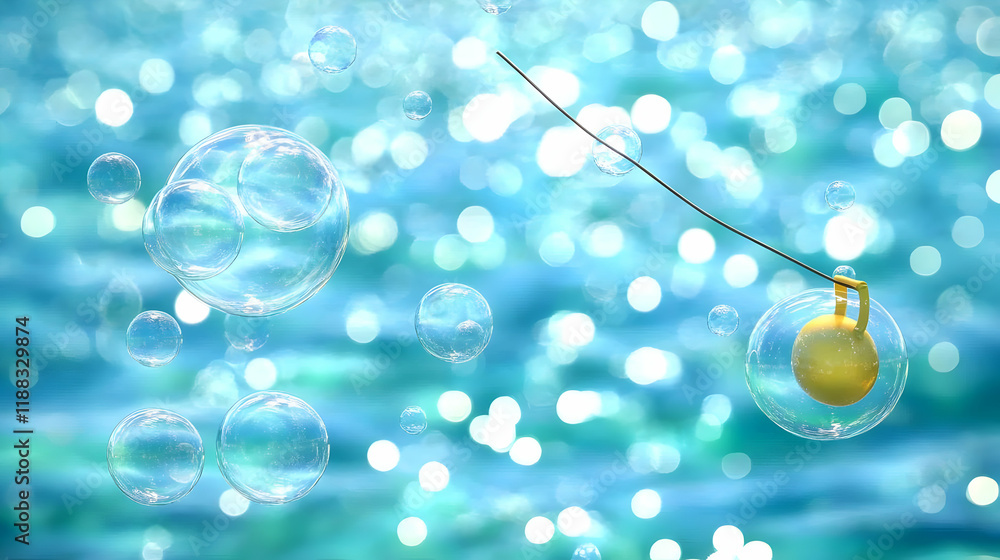 Poster 3d render of a yellow weight inside a bubble floating with other bubbles on a sparkling blue backgro