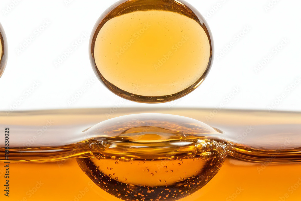Poster golden liquid droplet forms bubble in motion on a white background with smooth texture
