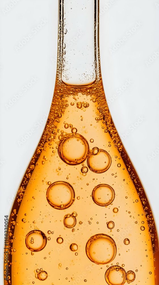 Aufkleber golden liquid with bubbles forms abstract patterns in a glass bottle on white background