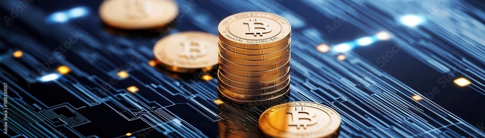 Poster stacked coins with bitcoin symbols on a digital circuit background, representing cryptocurrency and 