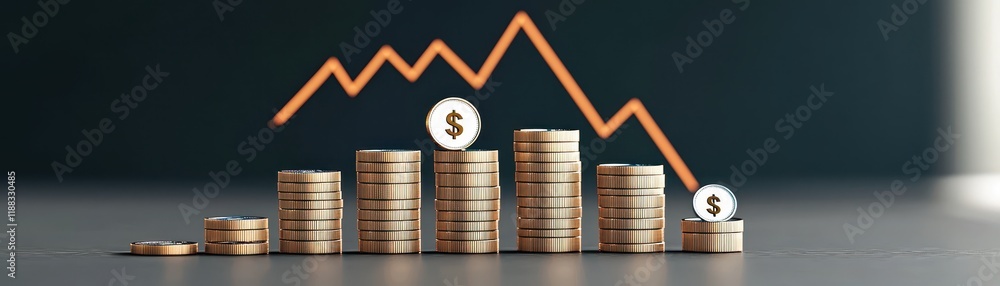 Aufkleber a stack of coins with a fluctuating graph line symbolizing financial trends and market performance.