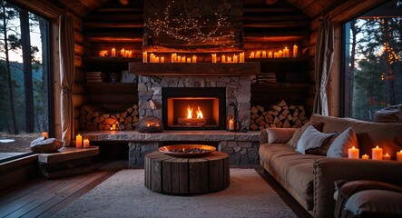 Cozy Fireplace Inside a Rustic Cabin with Warm Lights
