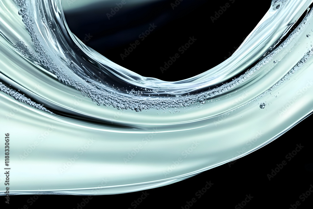 Poster abstract flowing liquid creates elegant curves with air bubbles dynamically on a black background