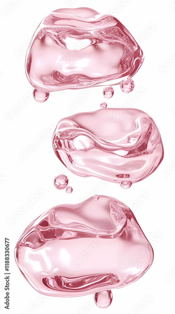 Poster three pink liquid blobs float gracefully, dripping smaller droplets below, isolated on white
