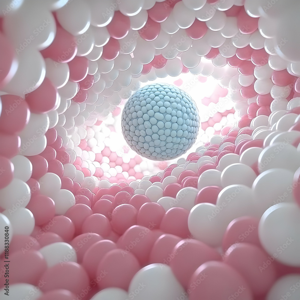 Aufkleber 3d render of pink and white balloons forms a tunnel with glowing sphere inside abstract background