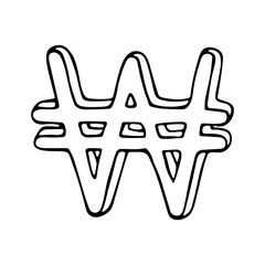 Hand drawn won currency symbol. Brush stroke doodle. Single element for design