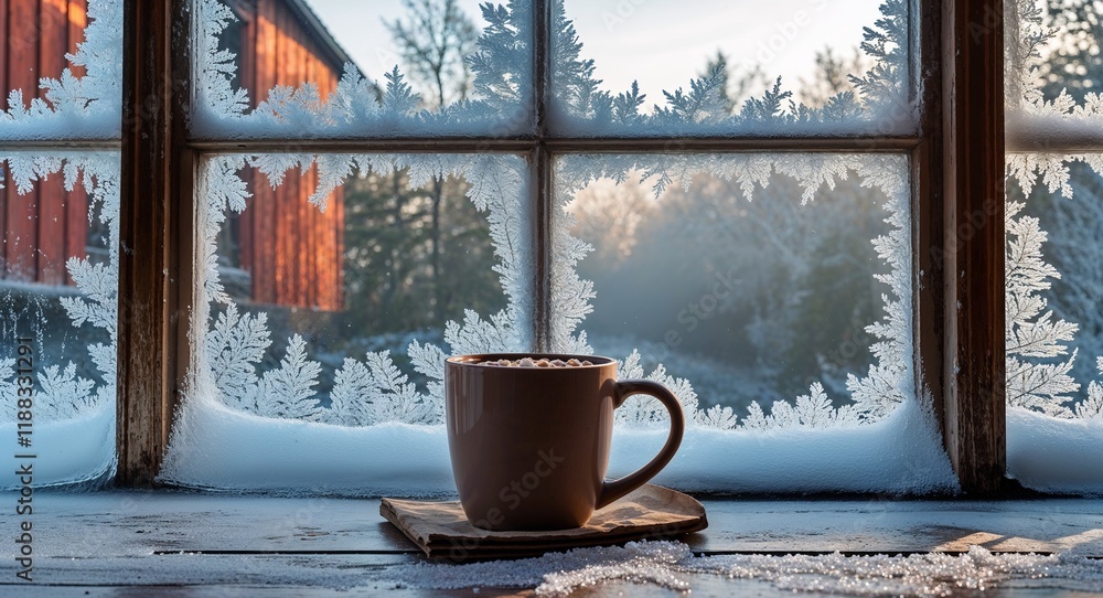 Poster frosty window pane with a hot cocoa mug on the table