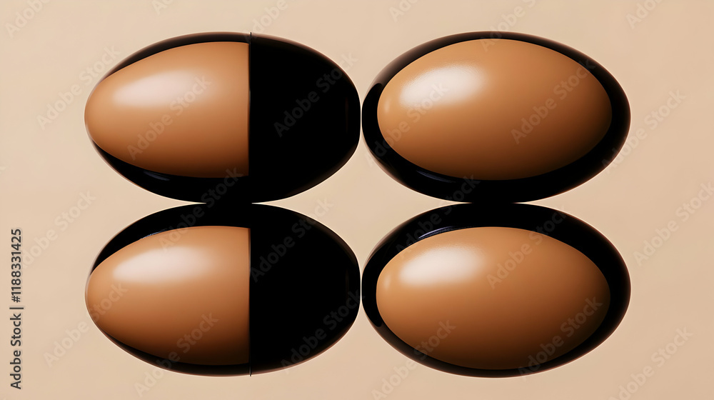 Poster four glossy spheres form a symmetrical design with reflections on a soft beige background.