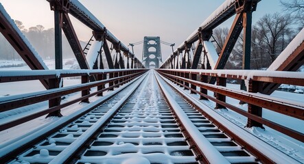 Frozen Bridge with Snow Collecting on the Rails