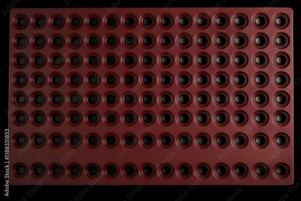 Poster red panel with concentric circles creates a striking visual texture and depth