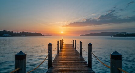 Fototapeta premium Golden Sunrise Pier Over Tranquil Water