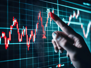 Finger Points at a Falling Stock Chart Displayed on a Monitor Screen with Gridlines