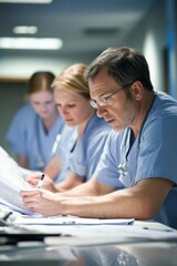 Obraz premium Collaboration among cardiac surgeons during planning for a complex surgical procedure in a modern operating room