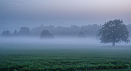 Fototapeta premium Open Field Blanketed in Soft Morning Fog