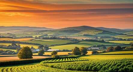 Fototapeta premium Orange Sky Behind Rolling Farmlands