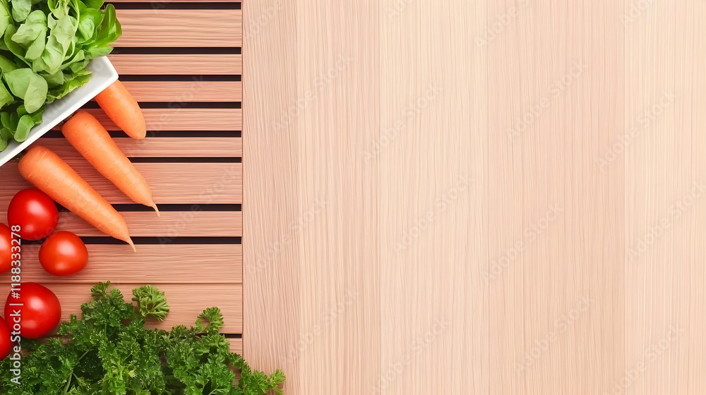 Poster fresh vegetables arranged on wooden table with copy space for text or design