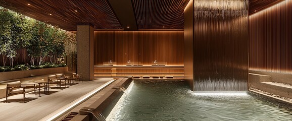 Tranquil spa with indoor pool, waterfall feature, and zen garden.