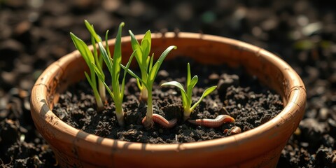 Close-up of a terracotta pot filled with dark soil and young green sprouts, showcasing the beauty of new life emerging from the earth.