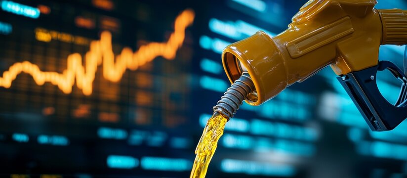 Fuel nozzle pouring gasoline against rising stock market graph.
