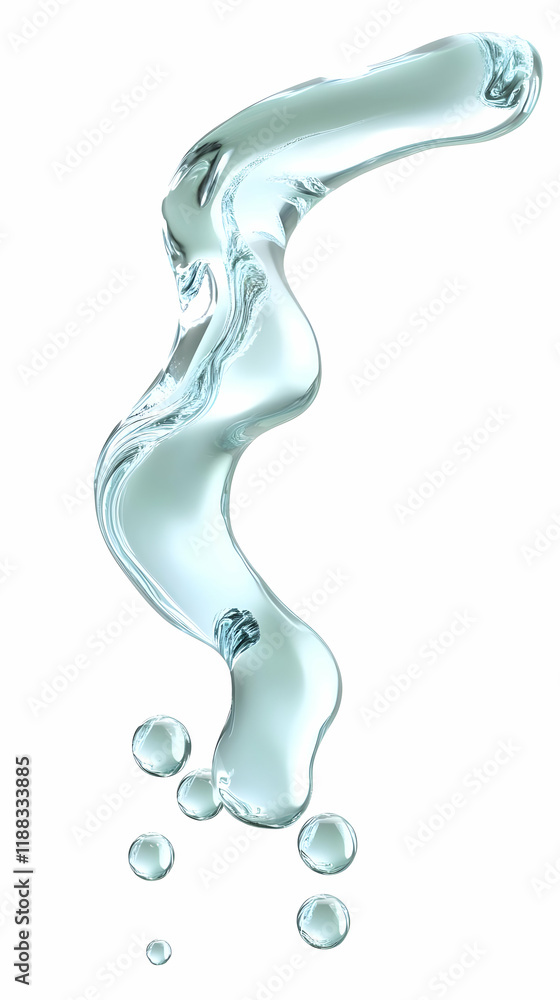 Poster 3d render of a stream of clear liquid flowing smoothly with droplets