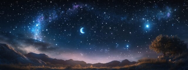Starlit Night Sky, enchanting celestial scene filled with shimmering stars, distinct constellations, and a luminous moon illuminating the darkness