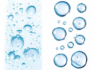 Blue Water Bubbles Float and Rise on White Background, Variety of Sizes with Subtle Reflections.
