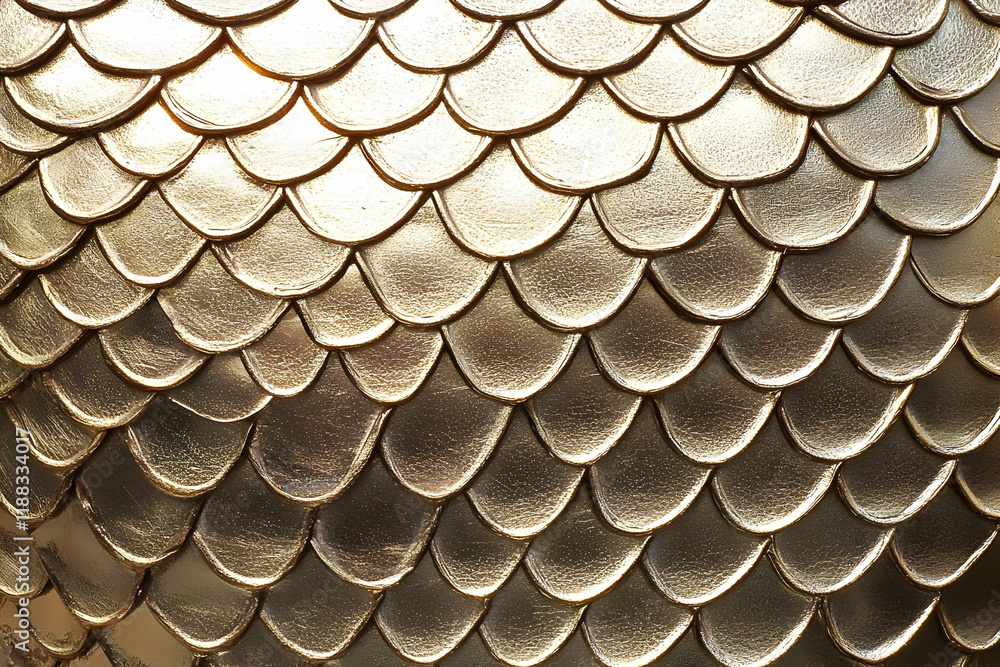 Poster golden scales texture creates a visually appealing background with repeating patterns and shiny fini