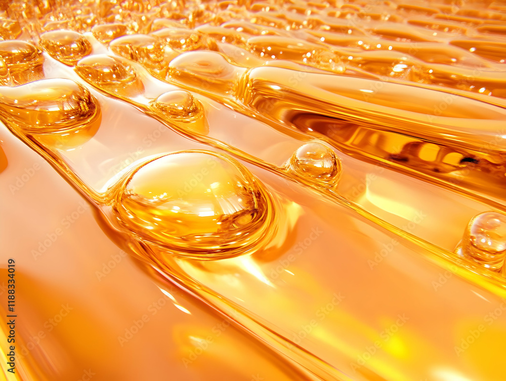 Poster golden liquid flows smoothly with bubbles, creating a luxurious abstract background.