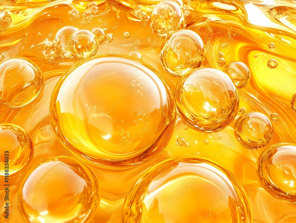 Poster golden liquid with bubbles forms a visually appealing abstract background texture.