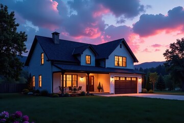 Modern farmhouse under pink and blue night sky, night sky, rustic